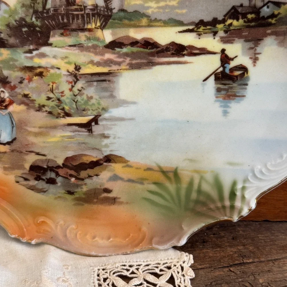 Leuchtenburg Germany Antique Windmill Dutch Landscape Scalloped Gilt Plate 10